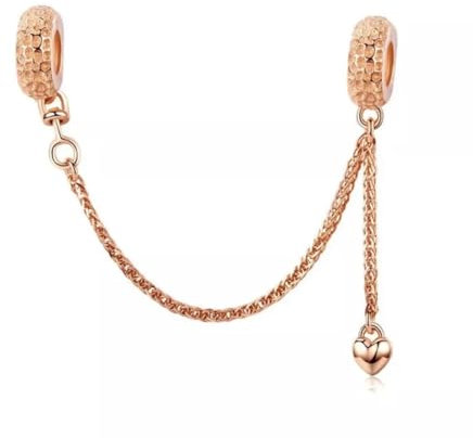 Rose Gold Love Heart Safety Chain Charm Bead Genuine 925 Sterling Silver Compatible With Pandora Bracelet