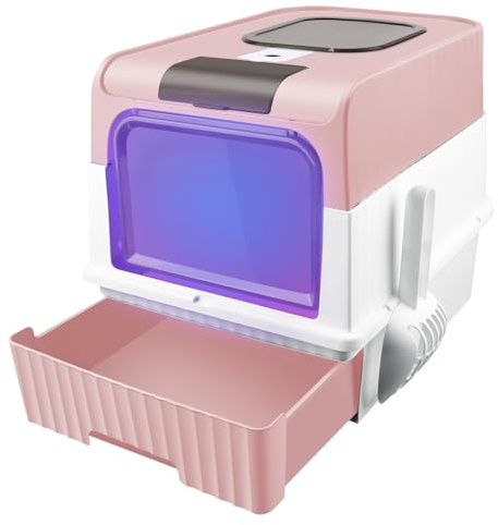 Katzenklo, Katzentoiletten mit Schaufel, Selbstreinigende Katzentoilette, UV-Desinfektion, Geurverwijdering, Auslaufsicherer Boden (Rosa-48 * 35 * 36cm)