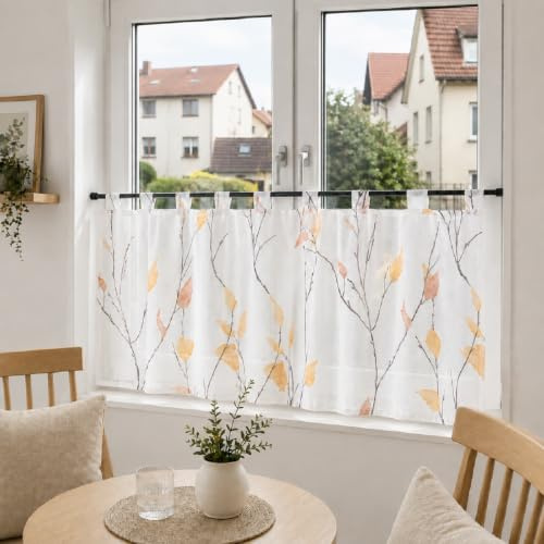 Joyswahl Scheibengardinen Landhausstil Weiß Küchengardinen Orange 45x120cm | Voile Bistrogardine mit Schlaufen, Kurzstores mit Blatt- und Blumenmuster, Kurzgardine, Fenstergardinen Transparent, 1er Pack