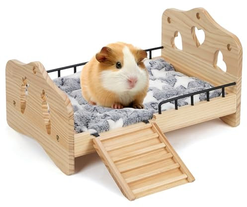 JAZUIHA Meerschweinchen Bett Holz mit Treppe, Geländer und Matte, Zwergkaninchen Bettchen Kuschelkissen, Kaninchenbett für Kleintiere Chinchillas Hamster Frettchen und Igel