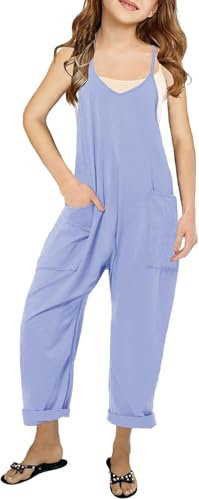 Haloumoning Ragazze Senza Maniche Tute Spaghetti Strap Tempo Libero Cotone Tute Bambini Estate Allentato Pantaloni Con Tasche, Celeste., 9-10 Jahre