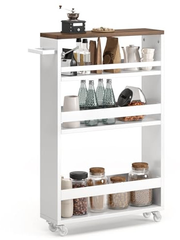 Xbro Nischenregal mit 3 Ebenen, 15 cm Breit Nischenwagen, Küchenwagen mit Rollen, Nischenregal für Küche, Wohnzimmer, Waschküche und Bad, 50x15x80 cm, Weiß