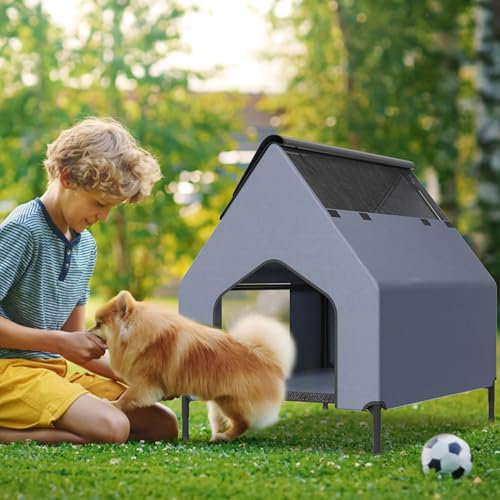 ORHEYA 2 in 1 Erhöhte Hundehütte & Outdoor Hundeliege mit wetterfestem Stoff, strapazierfähigem Oxford-Material & Mesh-Fenster, Hundezelt bis 60 kg, für Innen- und Außenbereiche, 109.5 x 74.5 x 93 cm