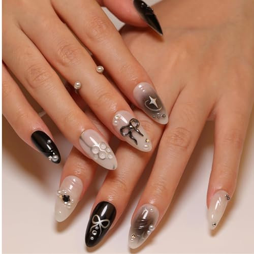 Hebterrka 24 Stück 3D Fake Nails Schwarz Mit Design, Künstliche Nägel Zum Aufkleben In 12 Größen, Inkl. 24 Jelly Glues, Nagelfeile Und Holzstick