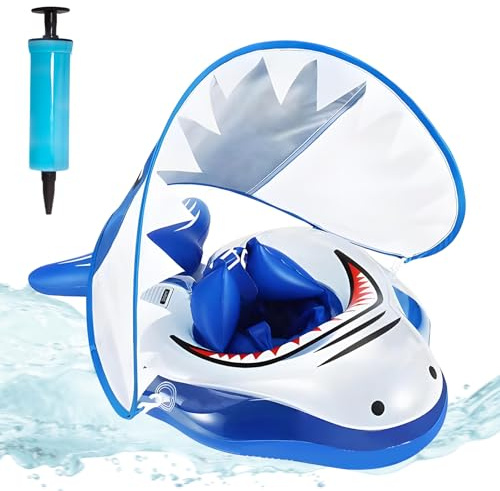 ACTOYS Schwimmreifen Baby Schwimmring mit Sonnendach, Schwimmtrainer Baby Schwimmhilfe Schwimmring (Blauer und weißer Hai, L-ab 12 bis 36 Monaten)