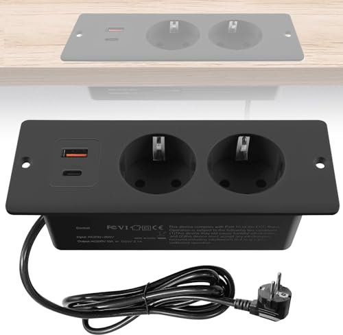 GOEDCH - Toma empotrable de mesa: bloque de toma empotrable con 2 USB-A y Tipo-C PD20W, multitoma integrada 2 tomas para escritorio o encimera, cable de 1,5 m (Negro)