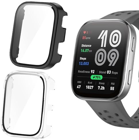 Blueshaweu Cover protettiva compatibile con Amazfit Bip 6 Smartwatch, custodia rigida per PC con protezione dello schermo in vetro temperato, per Bip 6 Smartwatch (Nero+Trasparente)