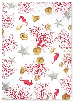 Excelsa Coral Geschirrtuch, Meeresmotiv mit Korallen und Seesternen, 50 x 70 cm, 100 % Baumwolle