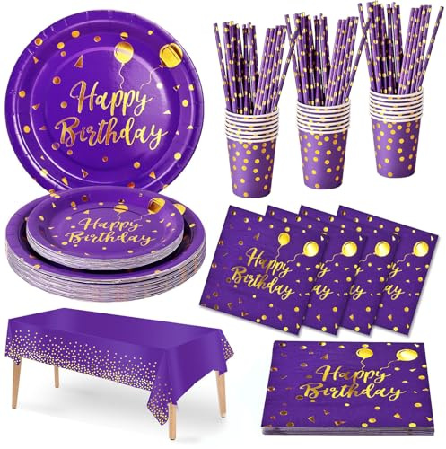 Nkaiso Compleanno Stoviglie per Feste, 20 Ospiti Violaceo Oro Stoviglie Carta Set Include Piatti di Carta Tovaglioli Tazze Riutilizzabili Stoviglie Decorazioni per Feste per Bambini