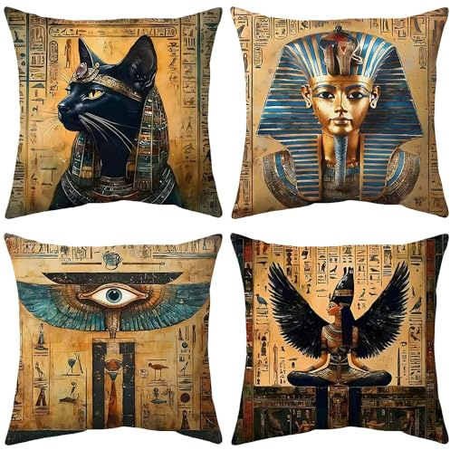 ZHAOMIMI 4er Set Dekorativ Kissenhülle Baumwolle Kissenbezug Doppelseitiges Muster Dekokissen Sofakissen für Couch, Auto, Schlafzimmer 45x45 cm (Ägypten Pharao)