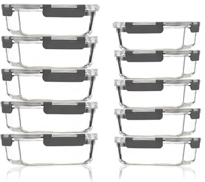 LLygophile [10 Pack] Meal Prep Containers with Lids - Leak Proof food storage containers (10 Lids & 10 Lunch Containers) BPA Free glass food storage containers(black buckle)