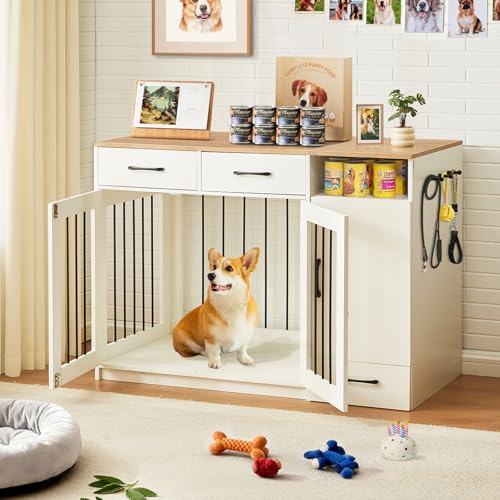 LEMROE Wooden Dog Crate Furniture with Feeder 2 Bowls, Lockable Pet Kennel House End Side Table with Drawer & Cabinet, Indoor Heavy Duty Puppy Crate for Small/Medium Dogs (W116 × D55 × H86 cm)