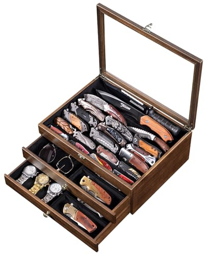 Emfogoo 3 Etagen Messer-Vitrine, Große Holz Messerhalter mit Transparentem Deckel und Schubladen, Taschenmesser-Vitrine für Klappmesser- und Dolchsammlungen, Heimdekoration, Männergeschenke (Walnuss)