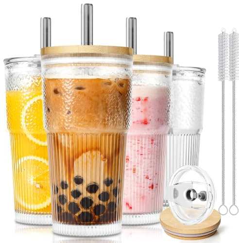 KEMORELA 4 Stück 600ml Glasbecher Set mit 2-in-1 Deckeln & Bambusdeckeln, 4 Edelstahl-Strohhalmen – Gerippte Gläser für Eiskaffee, Latte & Smoothies