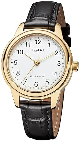 REGENT Damen Armbanduhr Analog Lederarmband schwarz F1569 Analoguhr