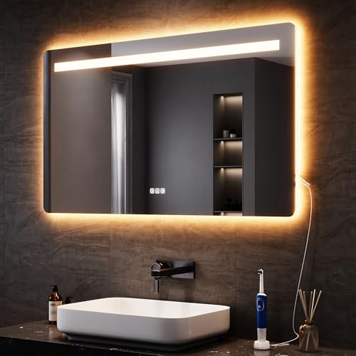 SONNI Badspiegel mit Beleuchtung 140x80 cm, LED Spiegel mit Touch Schalter & Gedächtnisfunktion, 3 einstellbare Lichtfarben, Dimmbar, Beschlagfrei, Steckdose