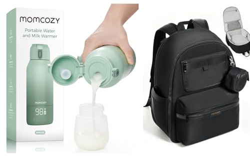 Momcozy Tragbarer Flaschenwärmer Baby für unterwegs, 500ml Kapazität & Wickeltasche Baby, Wickelrucksack mit Laptop Fach, Große Windeltasche