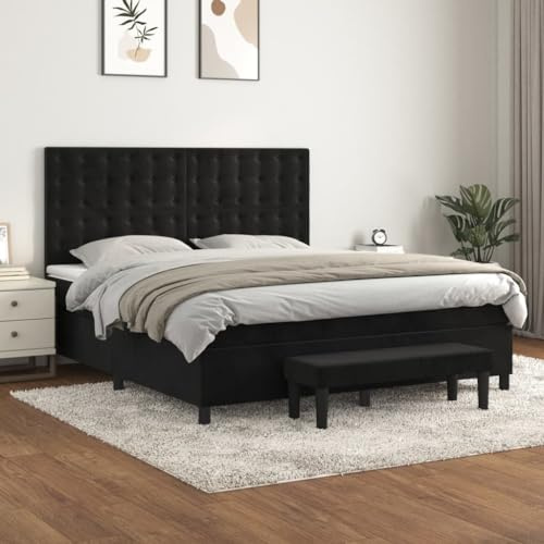 toolkix Boxspringbett Schwarz 180x200 cm aus Samt, mit Matratze, höhenverstellbarem Kopfteil und Bank, Bettgestell für Schlafzimmer als Polsterbett und Familienbett
