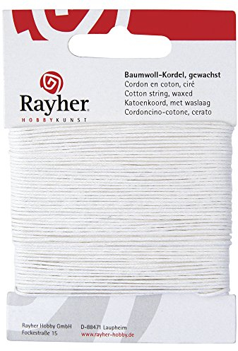 Rayher Baumwollkordel, gewachst, 1 mm ø, Karte 20 m, weiß, Baumwollschnur, Schmuckkordel, 5169102
