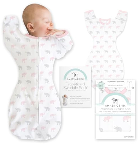 Amazing Baby Übergangs-Pucksack Baby, Pucktuch & Puckschlafsack für Neugeborene mit Arme-nach-Oben-Design, halblangen Ärmeln & Fäustling-Bündchen, S, 0-3 Monate, Tiny Elephants, Pink