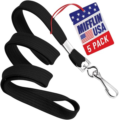 MIFFLIN Flat Lanyards for ID Badges (Black, 91 cm, 5 Pack), Comfortable Neck Straps