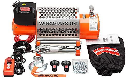 Winchmax 20000 lb / 9072 kg Original orangefarbene 24v elektrische Winde für schwere Bergung. 25m x 14mm Stahlseil und 1/2 Scharnierhaken. Doppelte drahtlose Fernbedienung.