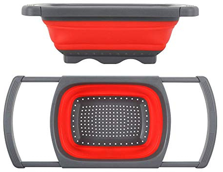 Enzege Coladores Cocina Colador Plegable para Usar Encima de Fregadero, para Vegetales y Frutas, con Asas Extensibles, Rojo, 39 * 26 * 5.5