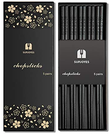 SUPJOYES 5 Paires Baguettes Japonaises - Baguettes Chinoises Réutilisables Lavables au Lave-Vaisselle, Baguettes Noires avec Motif Fleur de Cerisier, 24 cm