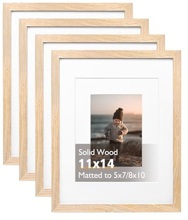KINLINK 11x14 Picture Frame Natural, Solid Wood Frames 14x11 with Acrylic Plexiglass for Pictures 5x7/8x10 with Mat or 11x14 without Mat, Tabletop and Wall Display Photo Frame Set of 4