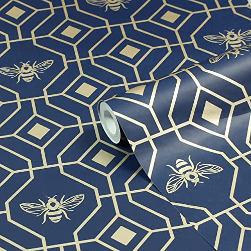 furn. Bee Deco Papier peint imprimé géométrique Bleu foncé