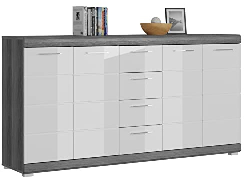 Newroom Sideboard Rauchsilber Weiß Hochglanz Kommode Wohnzimmer Flur | 4 Türen und 4 Schubladen, offene Fächer, silberner Bügelgriff Metall, Highboard, Anrichte, modern zweifarbig