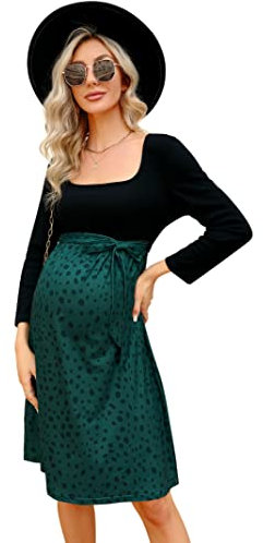 KOJOOIN Femme Robe de maternité Robes pour Femme Enceinte imprimé léopard Robe de Grossesse Manches Longues col carré(Emballage Multiple) Motif léopard Vert foncé-Manches Longues L