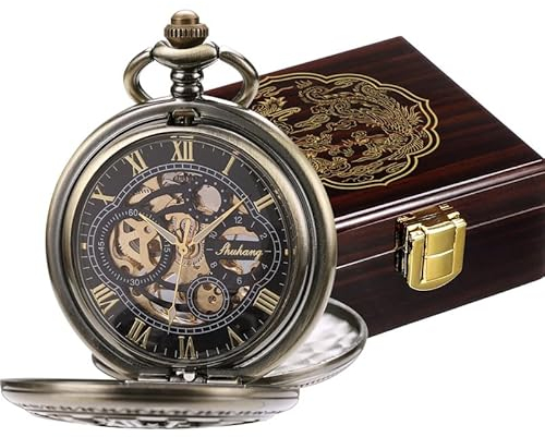 SIBOSUN Taschenuhr - Premium glänzenden hölzernen Geschenkbox Mechanische Taschenuhren Bronze Doppelabdeckung römische Ziffern mit glücklichem Drachen und Phoenix Display Holz Kiste