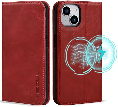 VISOUL Hülle für iPhone 15, Schutzhülle Echt Leder Schützt vor Stoß Kartenfach Magnetverschluss Stand klappbar handyhülle Handytasche Etui Case Rot