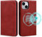 VISOUL Hülle für iPhone 15, Schutzhülle Echt Leder Schützt vor Stoß Kartenfach Magnetverschluss Stand klappbar handyhülle Handytasche Etui Case Rot