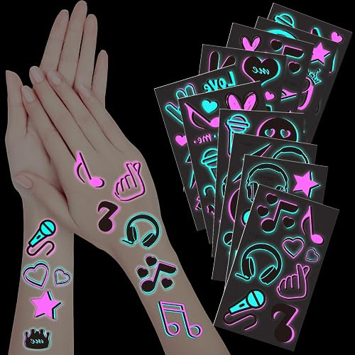JUNEBRUSHS Glow in the Dark Temporary Tattoos, 20 Sheet Glow Theme Party Tattoos Stickers with Luminous Neon Pink Blue Music Crown Note for Adults Kids Halloween Party Concert Make up Fake Face Tattoo