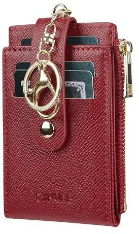 Cynure Kartenhalter für Damen und Herren, Leder, RFID-blockierend, schmal, klein, Reißverschluss, Schlüsselanhänger, Vordertasche, Geldbörse mit 2 Ausweisfenstern, Rot/Ausflug, einfarbig (Getaway