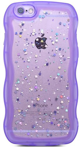 Qokey iPhone 6 Plus/6S Plus Case, 5.5 Transparent Bling Glitter Star Shiny Case, Full Protection Soft TPU Shockproof Cover, Purple, Wavy Border Frame, Improved Grip