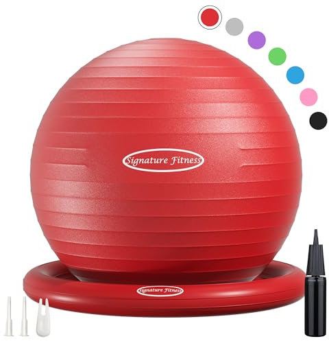 Fitvids Balance Ball with Inflatable Ring Base Kits, 65cm 26-inch Anti-Burst and Slip Resistant Exercise Yoga Chair for Home or Office Desk, Includes Air Pump, Red