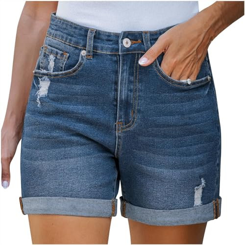UK Sale Clearance Women's Denim Shorts Elastic Waist Jeans Shorts with Pockets Tummy Control Sports Shorts Ladies Turned Frayed Hem Shorts Workout Half Pants Stretchy Hotpants Cropped Trousers