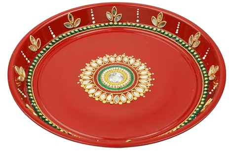 Handcrafted Pooja Thali Platter Engagement Plate Decorative Stainless Steel Puja Thali with Essential Pooja Articles for Indian Traditional Festival Aarti Puja Item Navratri Decoration(Size-10)(Red)