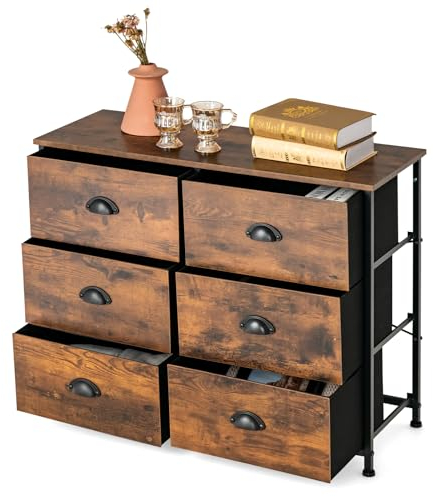 KOMFOTTEU Kommode mit herausnehmbaren & faltbaren Stoffschubladen, Sideboard mit Holzplatten, Beistellschrank Kleiderkommode für Schlafzimmer, Wohnzimmer, Büro (6 Etagen, 80x30x63cm)