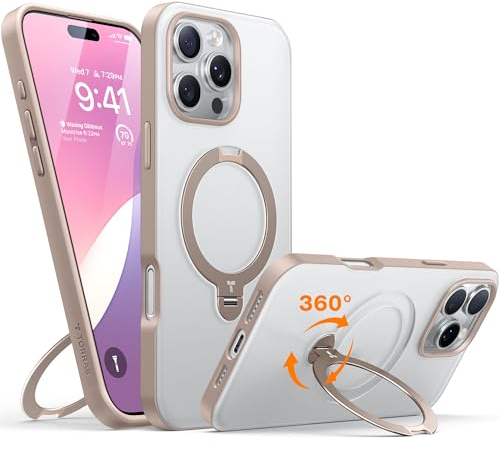 TORRAS Ostand Q3 Spin für iPhone 16 Pro Max Hülle (360° Magnetischer Unsichtbarer Ständer) Zertifizierte Militärschutz, MagSafe Kompatibel, Stoßfest Kratzfeste Matt Rückseite Handyhülle Gold