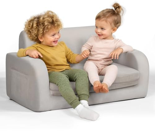 3-in-1 Extra Wide Convertible Kids Couch, Flip Open Toddler Couch to Lounger, Comfy Toddler Chair, Machine-Washable Kids Sofa for Girls, Kid Sofa Bed for Fun Playtime or Comfy Lounging, Gray