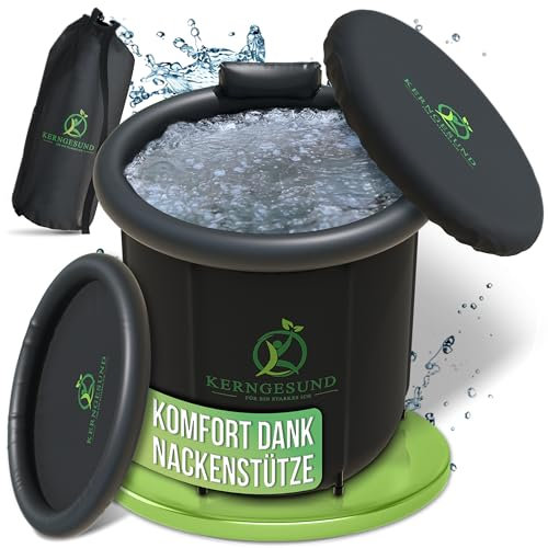 kerngesund Eisbad (Ø 80cm) - Eistonne für Zuhause - Eisfass Deckel und Abdeckung 5fach Isolierung - Eisbad Tonne mit integrierter Nackenstütze & Wasserschlauchadapter - Eisbaden Tonne