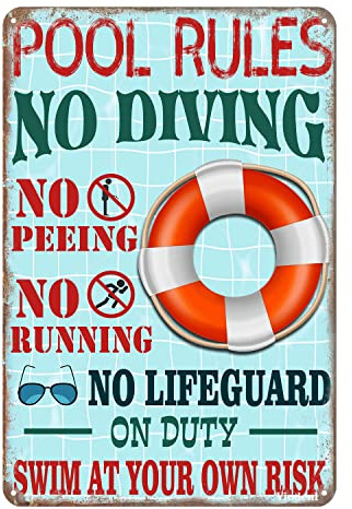 JIMOWANG Metal Sign Pool Rules Swim at Your Own Risk Wall Art Funny Swimming Pool Signs Decor Outdoor 12x8 Inches