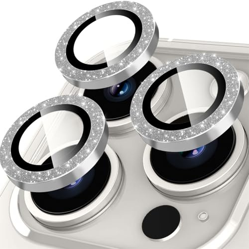 Oelrstfe Pellicola Fotocamera per iPhone 15 Pro/15 Pro Max,Posteriore Obiettivo Protezione Vetro Temperato,HD Trasparente Lente Schermo,Durezza 9H Anti-graffio Ultra Resistente Glitter Camera,Argento