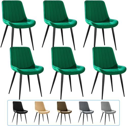 JIJIAN Esszimmerstühle 6er Set, Küchenstühle, Polsterstühle, Wohnzimmerstühle, Design Stuhl mit Rückenlehne, Sitz aus Samt mit schwarzen Metallbeinen, Dunkelgrün