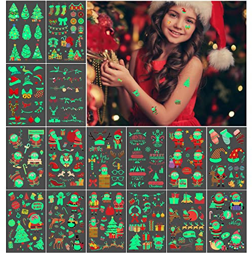 Tatuaggi Natale Bambini 16 Fogli Tatuaggi Luminosi per Bambini, Tatuaggi Fosforescenti per Festa Natale per Bambini e Bambina, Divertenti e Carini Gadget Natale Bambini, Regali Natale Bambini
