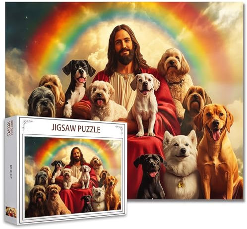 Tucocoo Jesus im Himmel Puzzle für Erwachsene - 1000 Teile, Hunde, Tiere, Religionen, Regenbogen-Kunst - Buntes DIY für Heimdekoration, Geschenke, Familie - Perfekt für Spieleabende